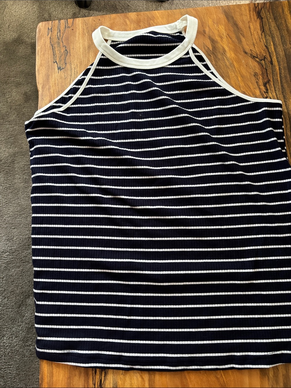Striped Navy & White Ribbed Halter Tank Top Size L
